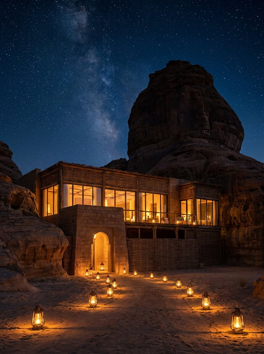 Lantern-lit chalet under a starred sky