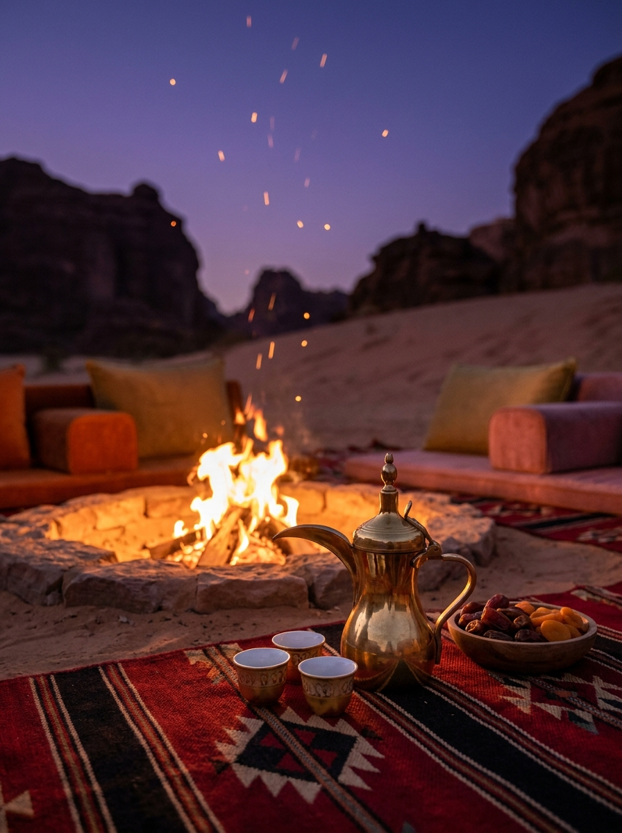 Fire pit with dates and a brass dallah