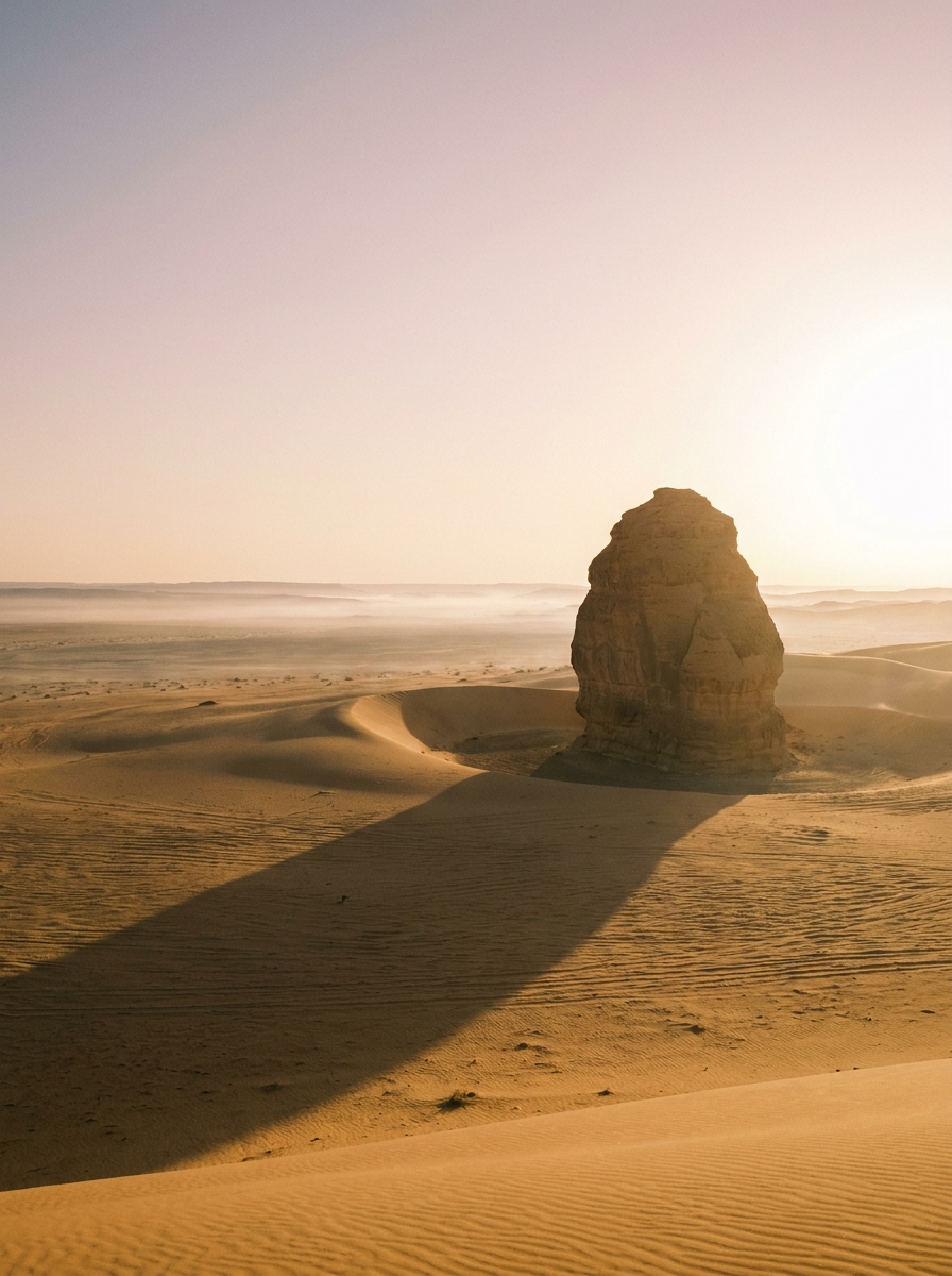 A monolith's long shadow across the dunes at dawn