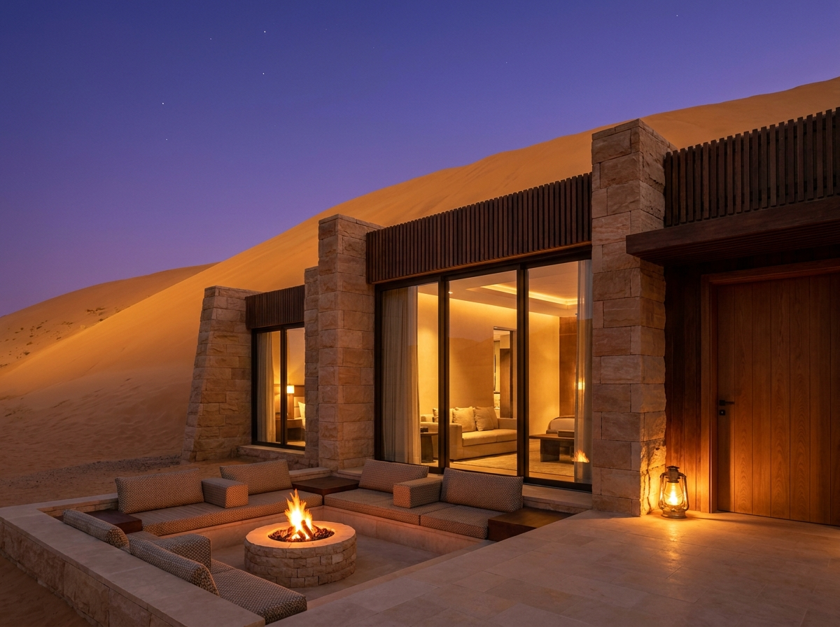 The Dune Suite at blue hour, terrace fire pit lit