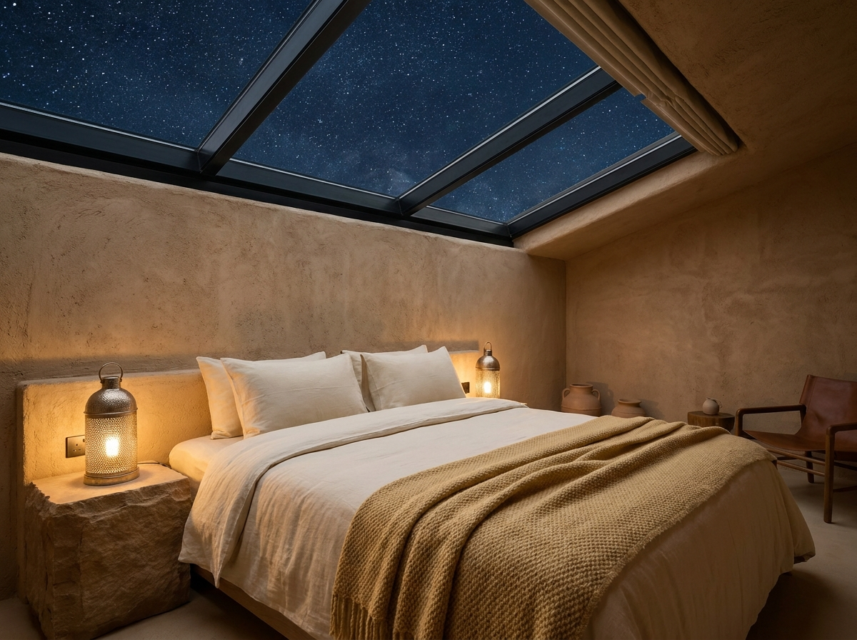 Bedroom with a star-filled skylight above the bed