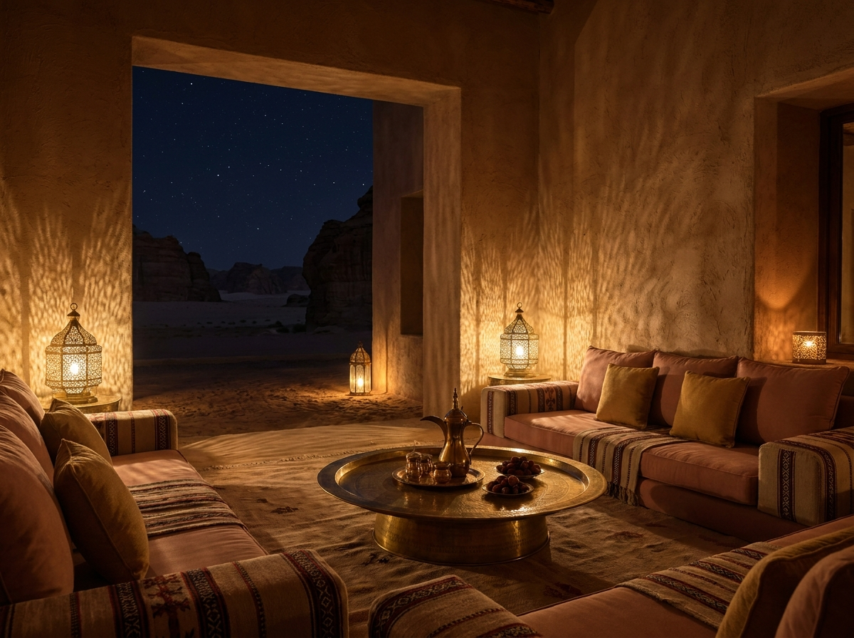 Lantern-lit majlis with dallah and dates