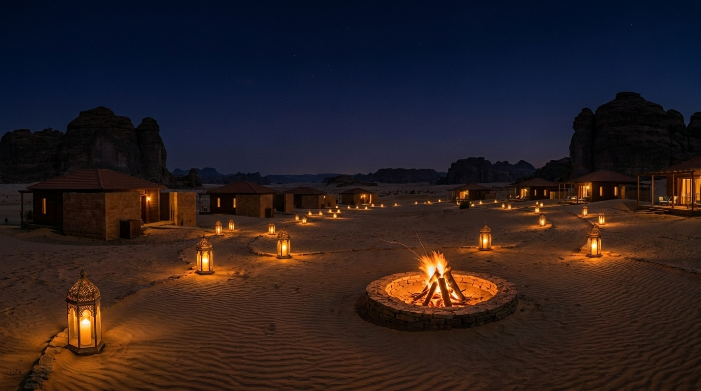 The resort at night, lanterns lit under a dark sky