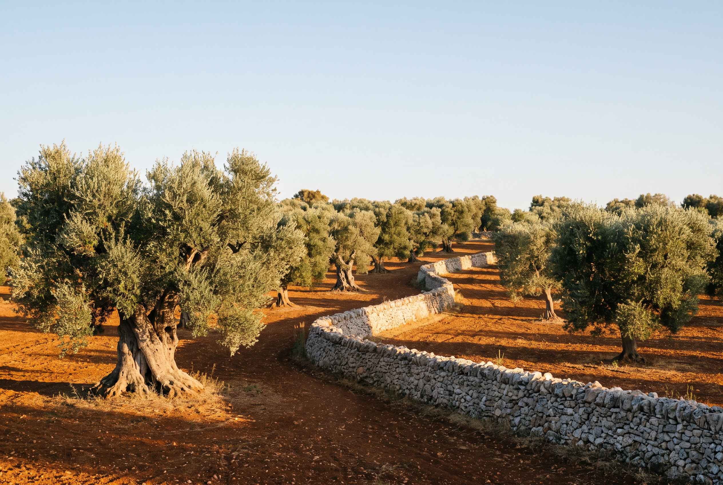 Uliveto pugliese con muretto a secco al tramonto
