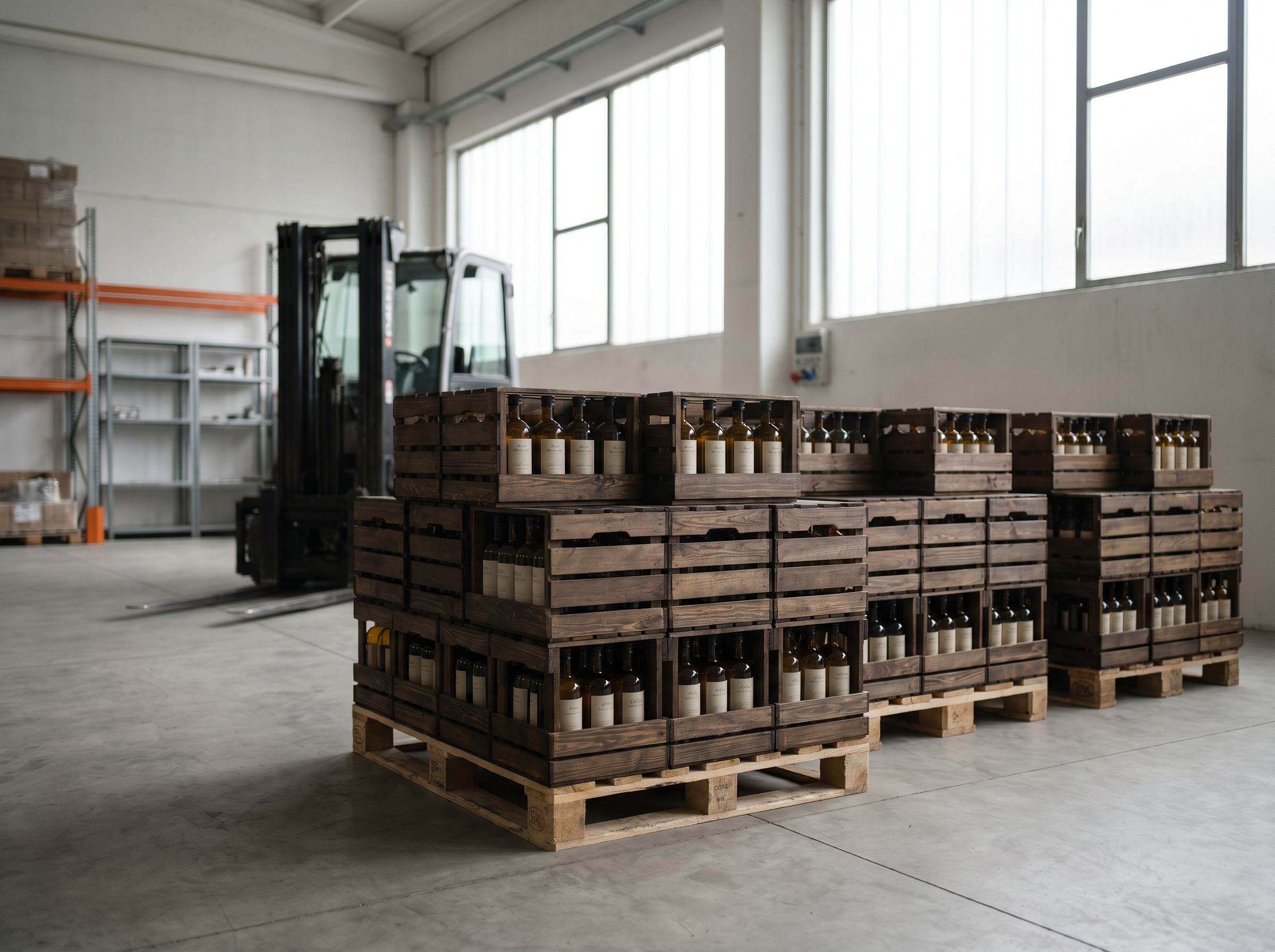 Pallet di olio extravergine pronti per la distribuzione