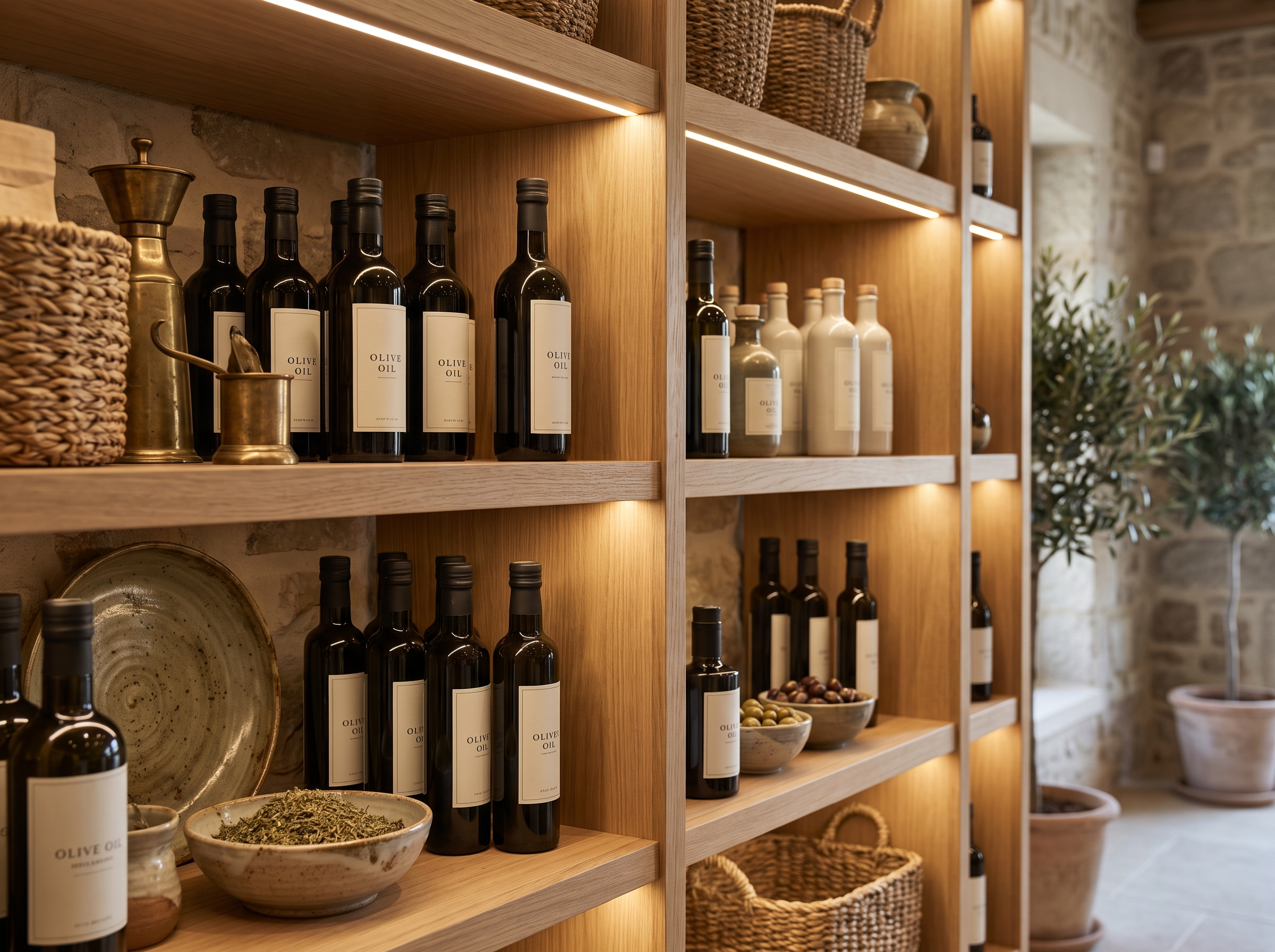 Scaffale gourmet con bottiglie di olio extravergine