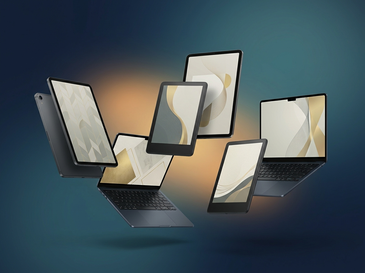 Ebook covers displayed on tablets