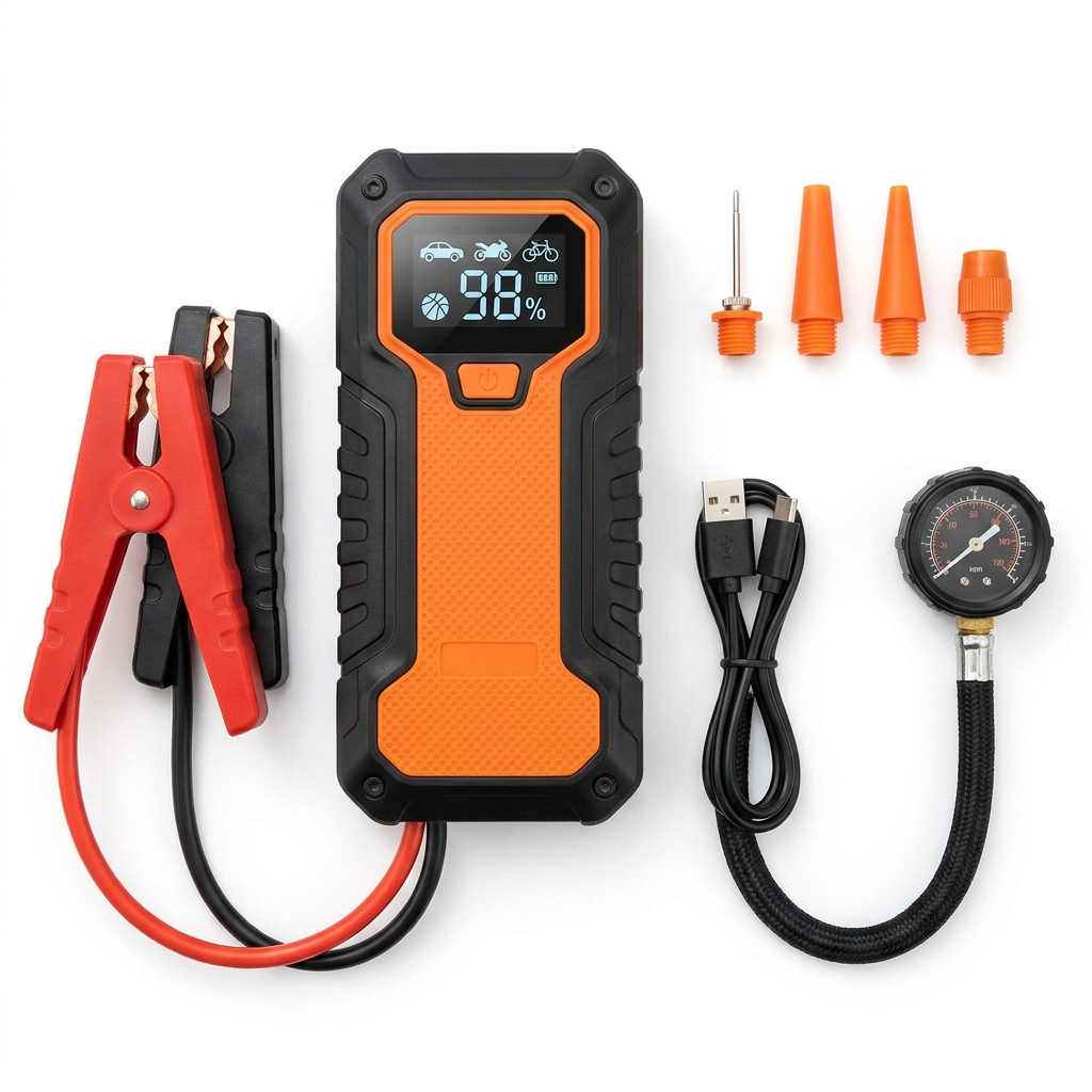 Full kit: jump starter, cables, nozzles, cable