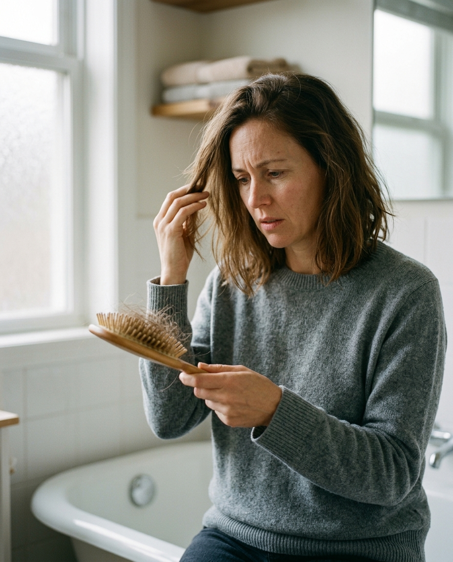 Woman noticing hair loss in her brush