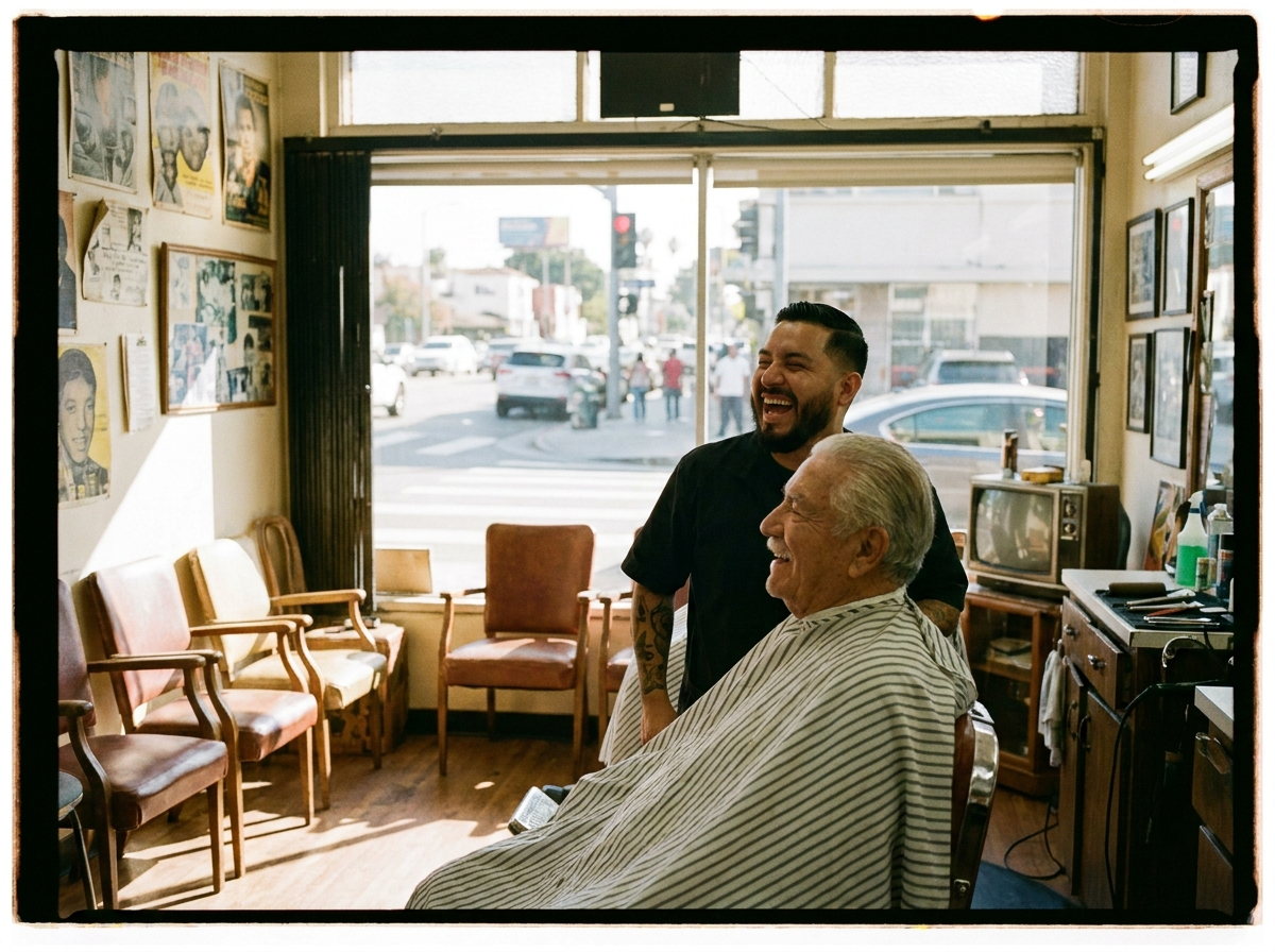 Barber laughing with a client in a Los Angeles barbershop