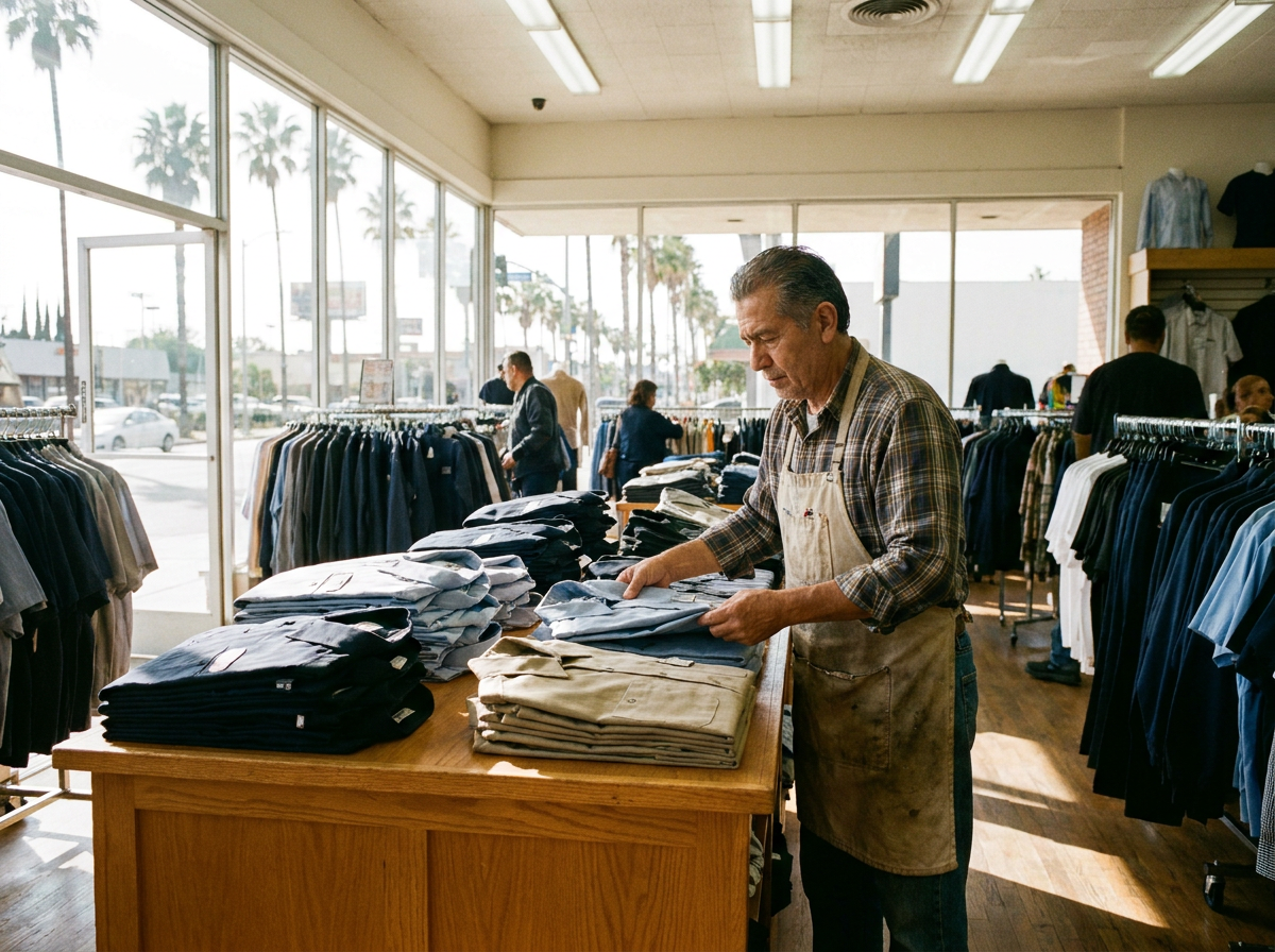 Owner of a clothing and uniform store arranging work shirts
