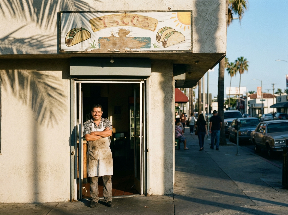 Restaurant owner at the door of his taqueria in Los Angeles