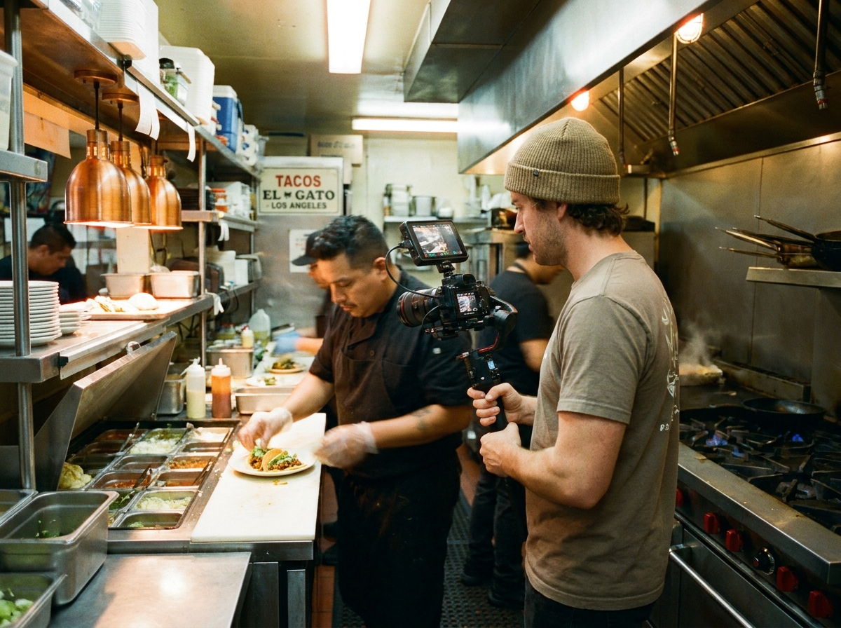Videographer filming a chef plating tacos in a Los Angeles restaurant kitchen