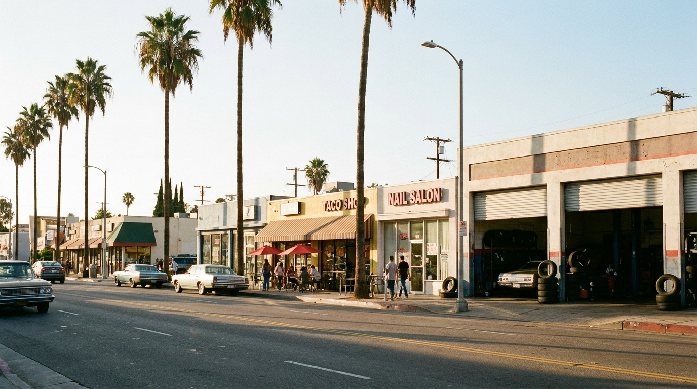 Independent storefronts on a sunny Los Angeles street