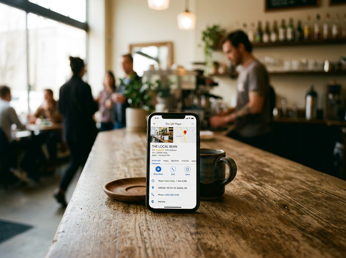 Google Business Profile with five-star reviews on a phone at a cafe counter