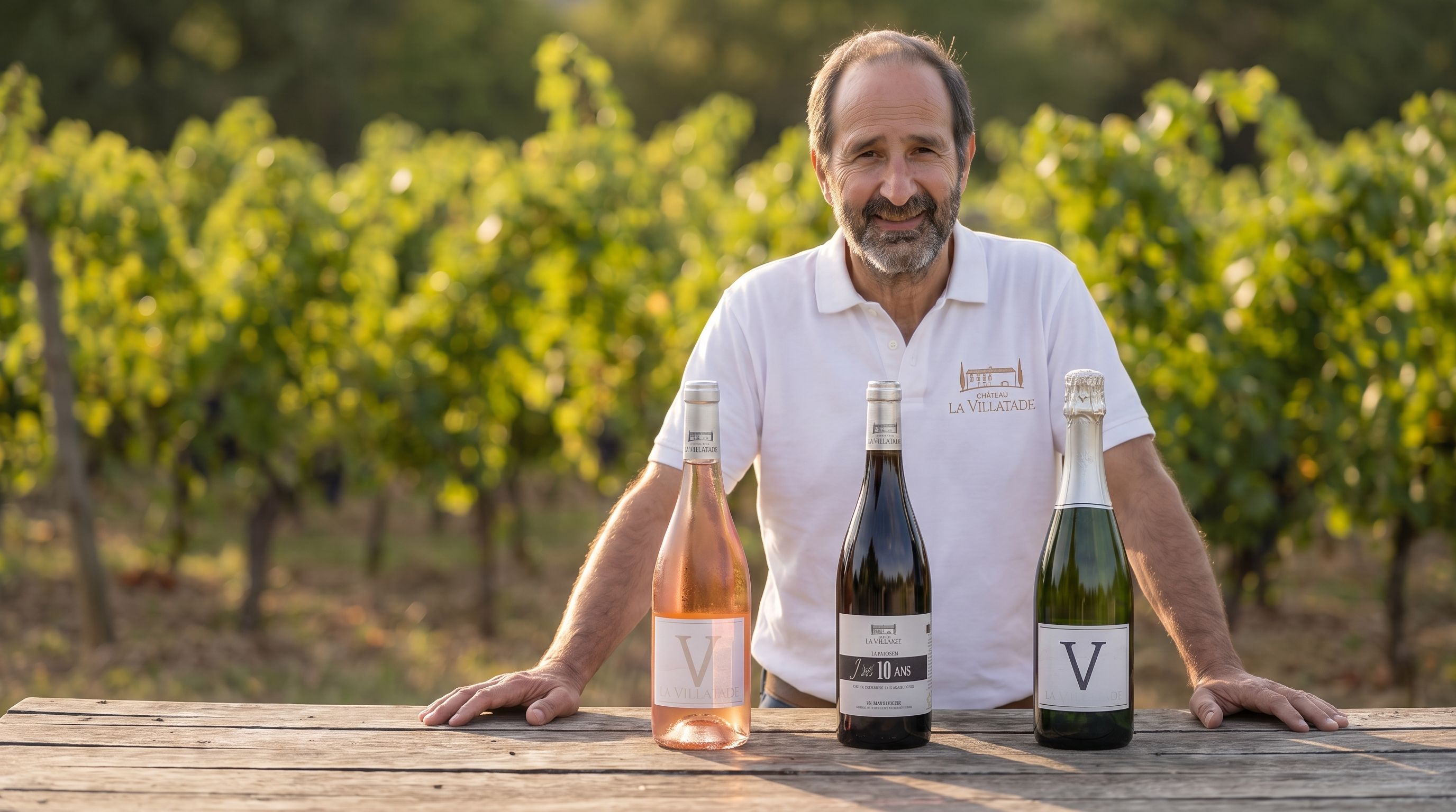 Le vigneron du Château La Villatade présente la collection estivale : V Rosé, J'ai 10 ans et V Brut