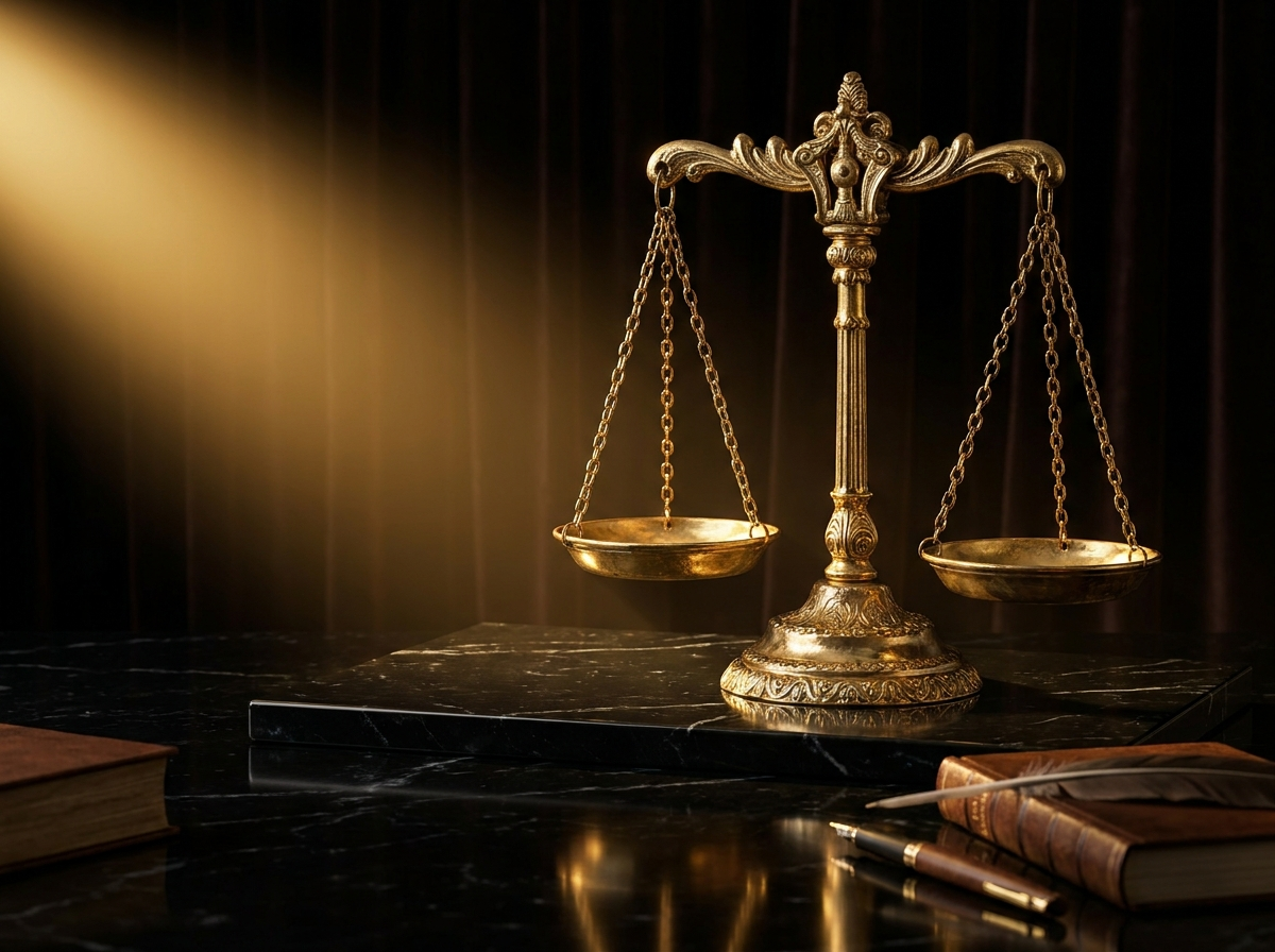 Golden scales of justice on black marble