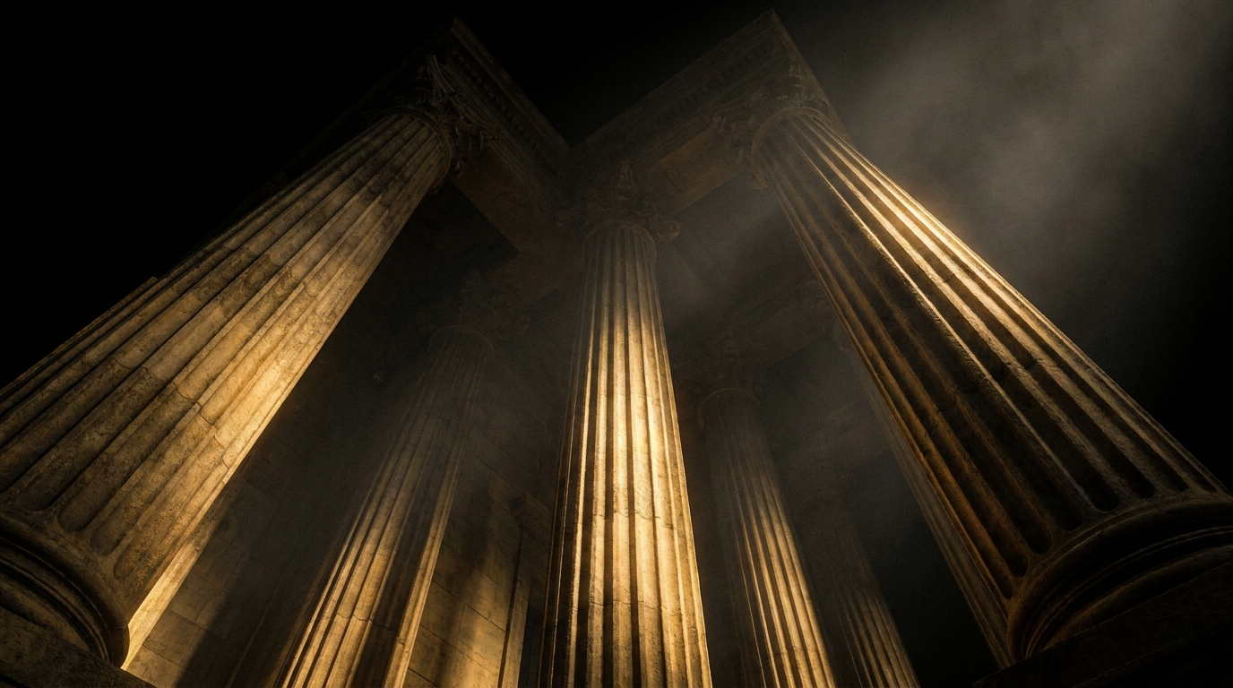 Monumental courthouse columns in golden light