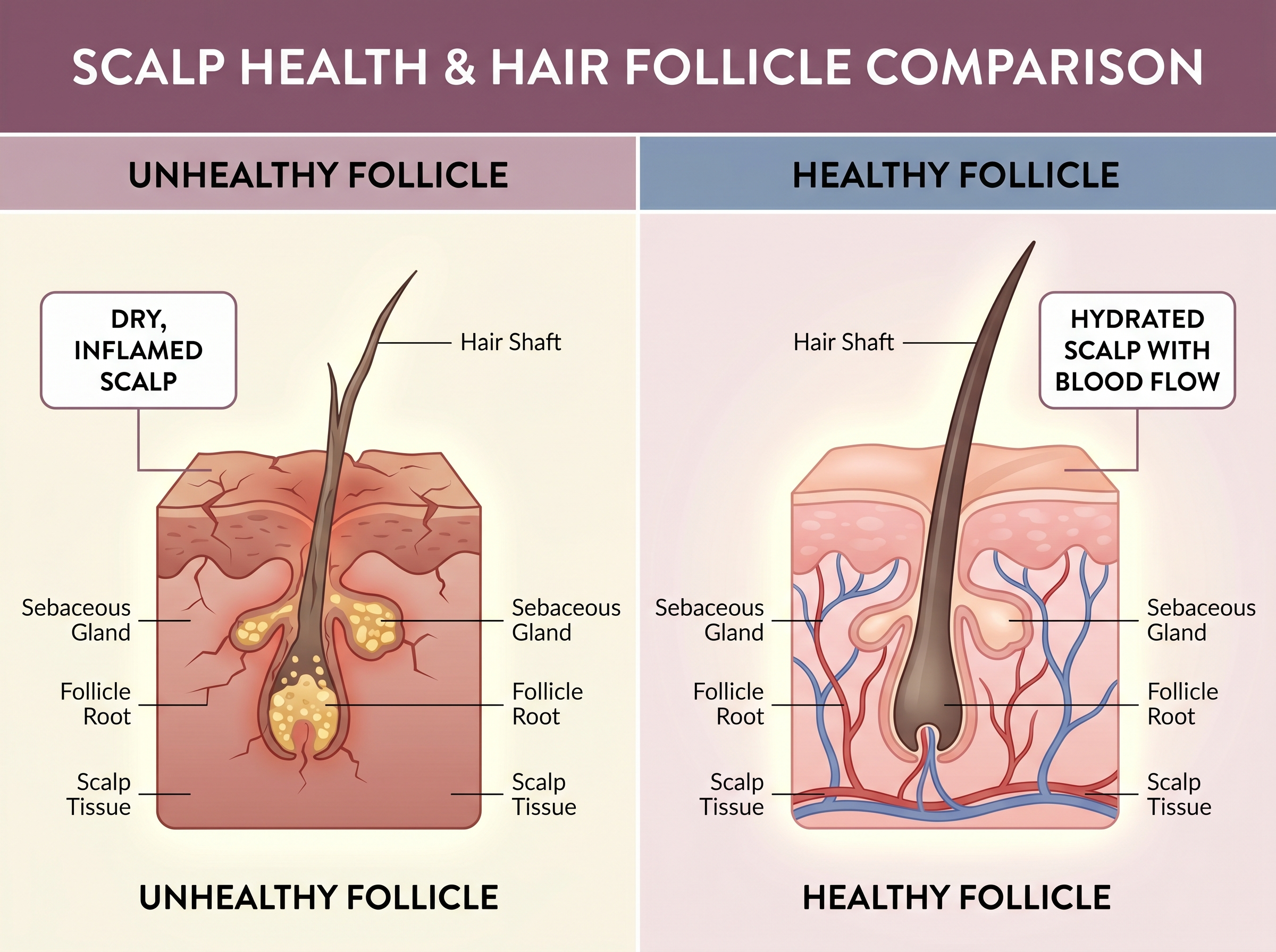 Healthy versus starved hair follicle in the scalp