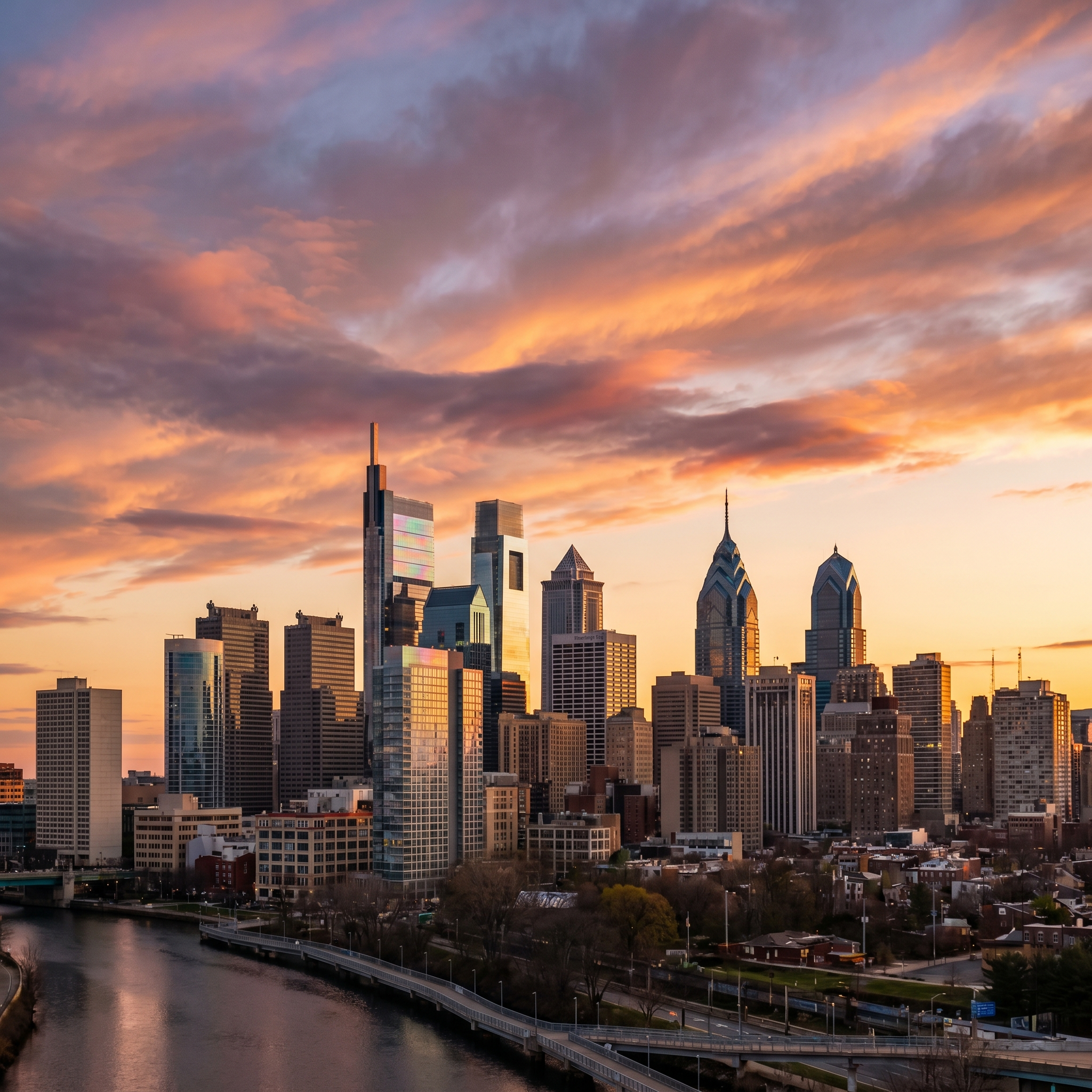 Philadelphia skyline at golden hour