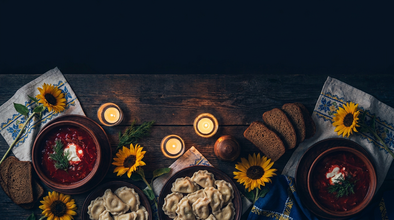 A spread of traditional Ukrainian dishes on a dark table