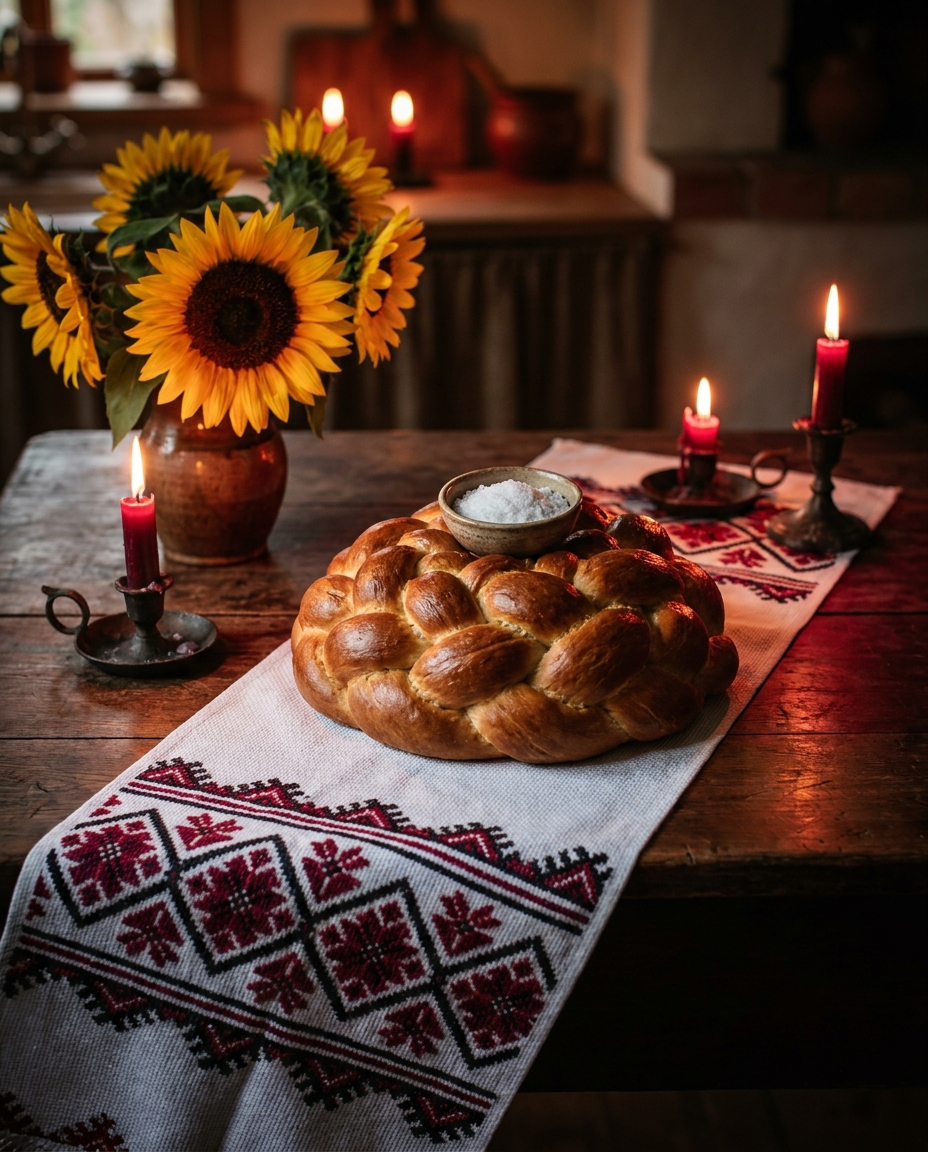 Bread and salt on an embroidered cloth — the traditional Ukrainian welcome