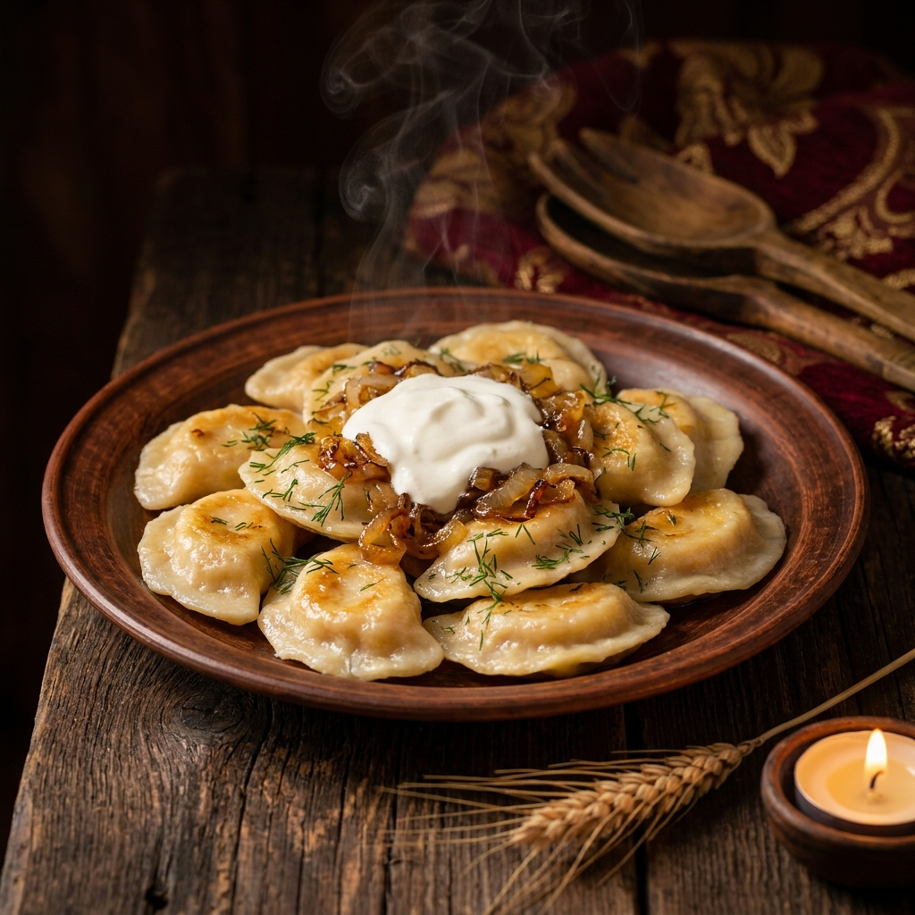 Varenyky dumplings with sour cream and dill