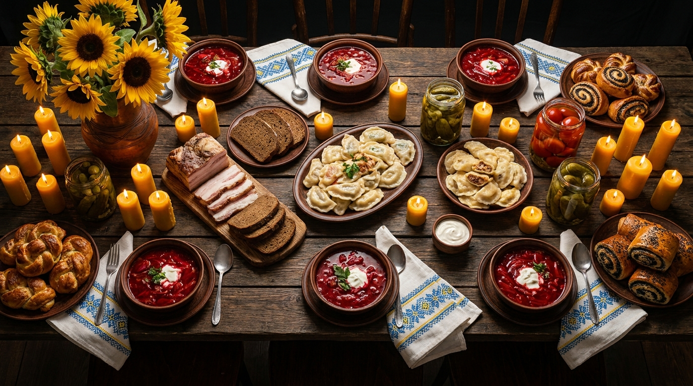 Nashville 4 A Ukrainian feast laid out across a long table, seen from above