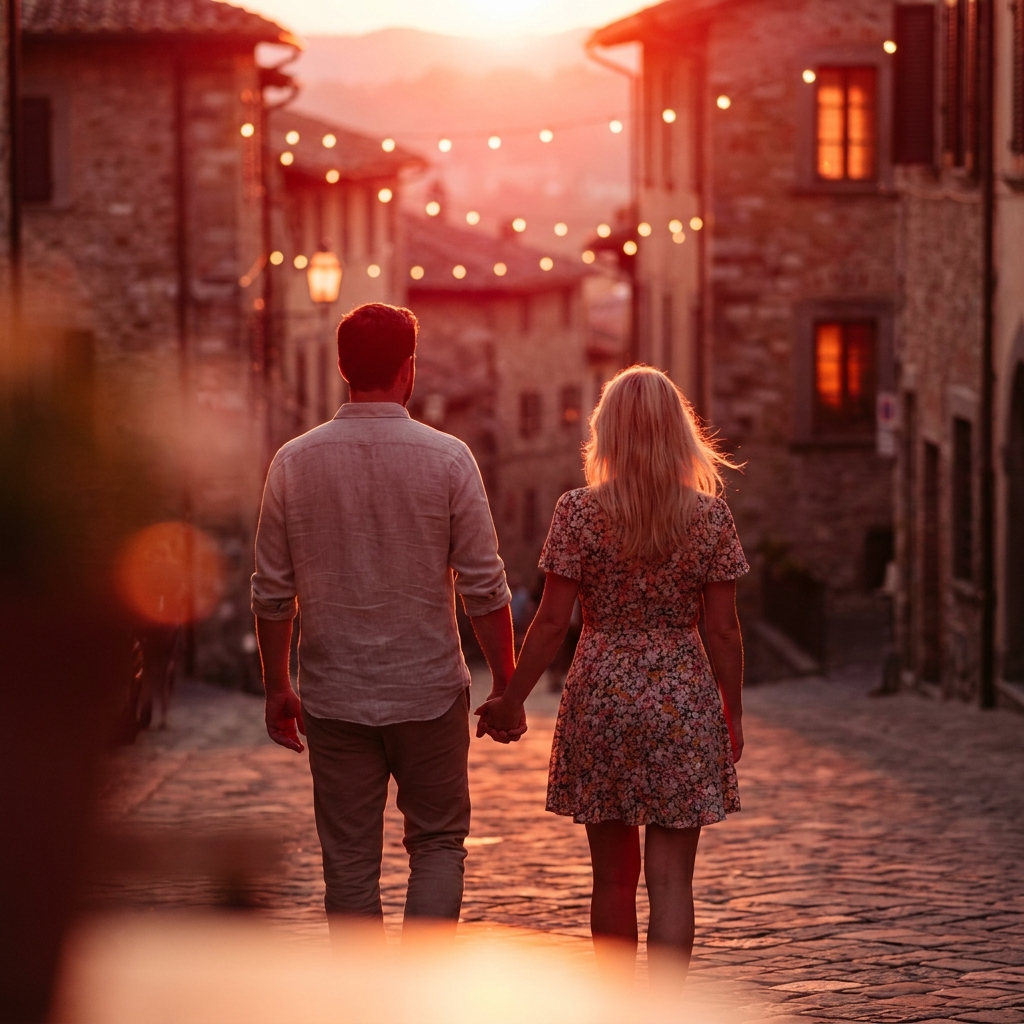 A couple walking away hand in hand into a European sunset