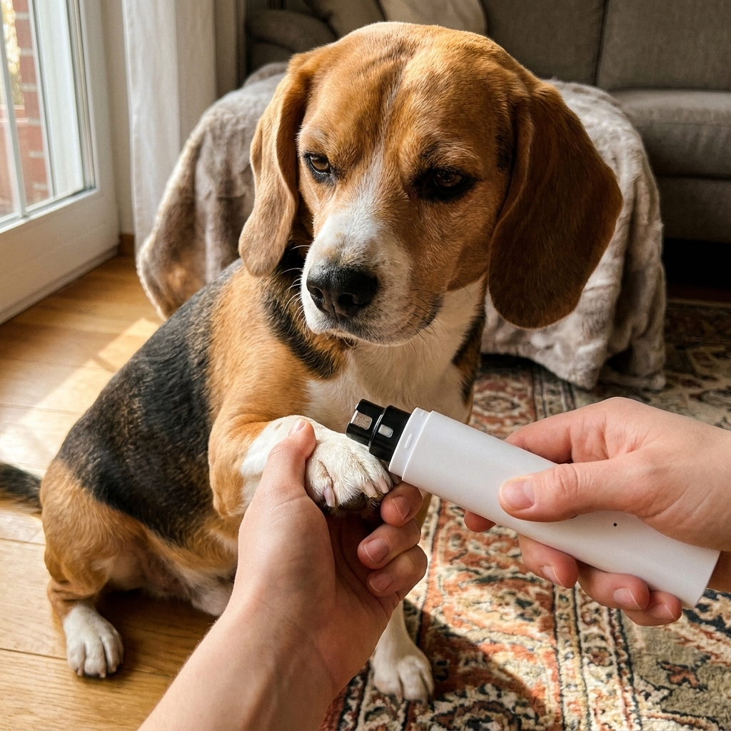 Beagle giving paw during nail filing
