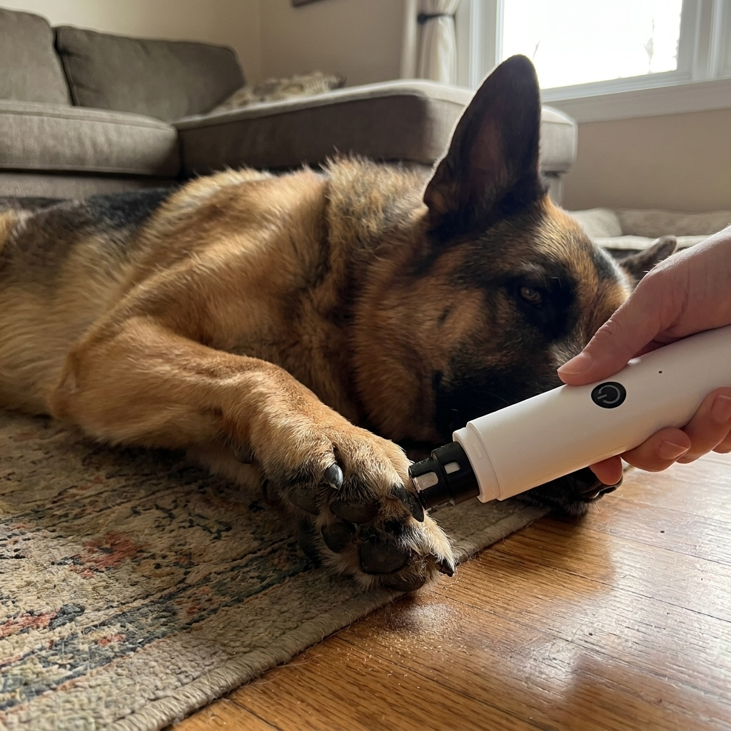 German Shepherd calm during nail care