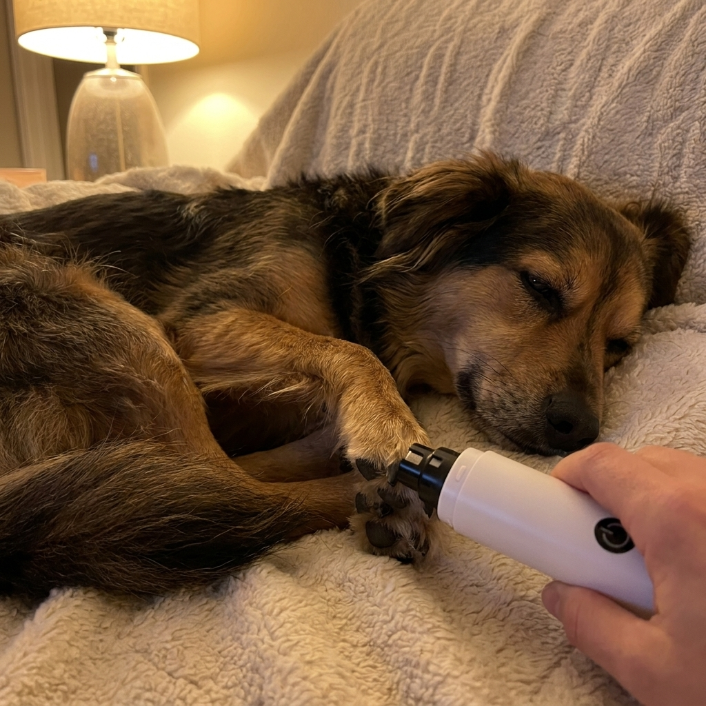 Rescue dog relaxed during nail care