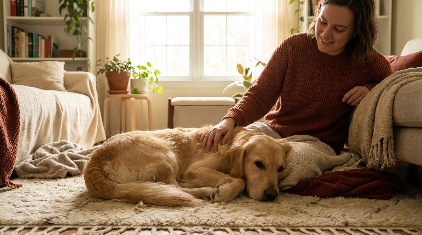 Happy relaxed dog with its owner at home