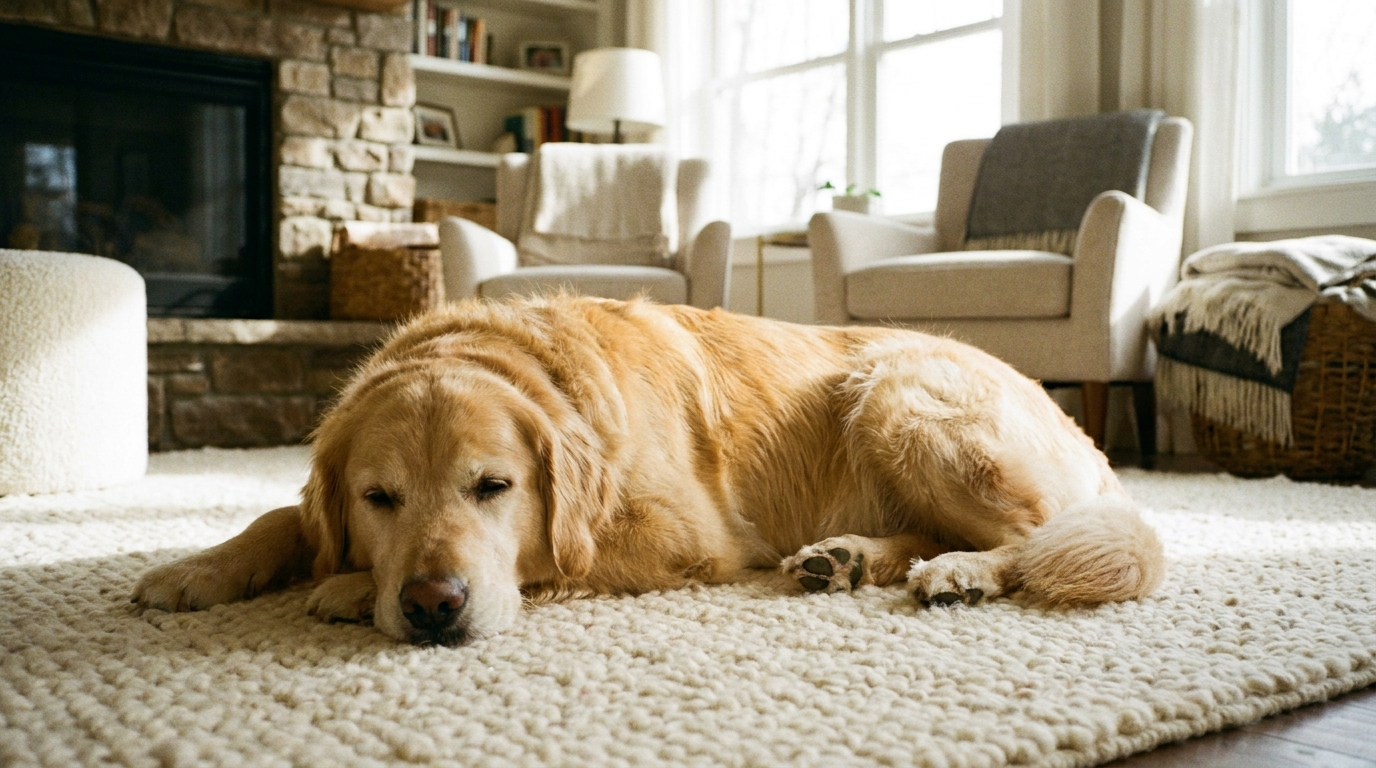 Calm Golden Retriever relaxing at home