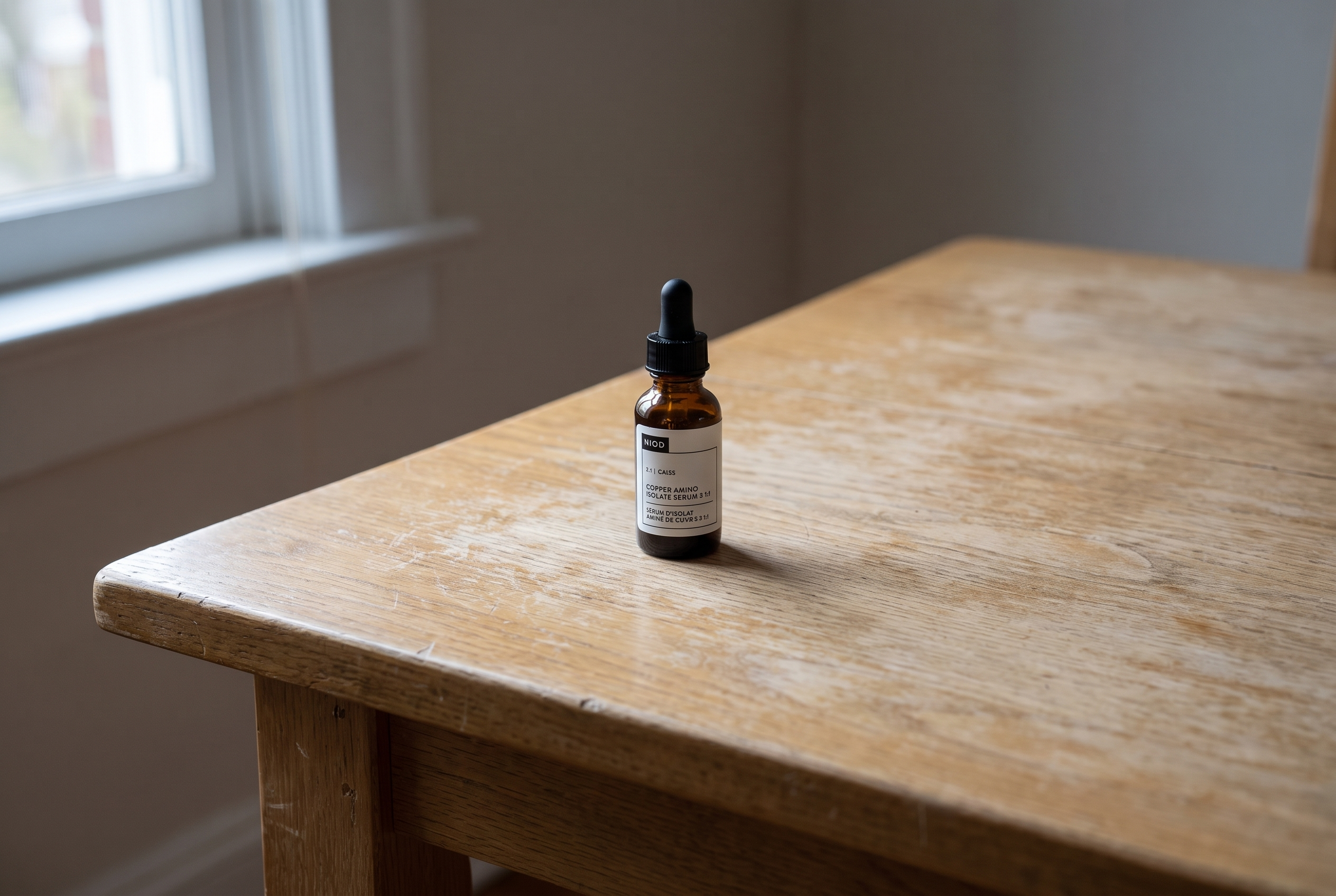 NIOD Copper Amino Isolate Serum 3 bottle on a pale oak table