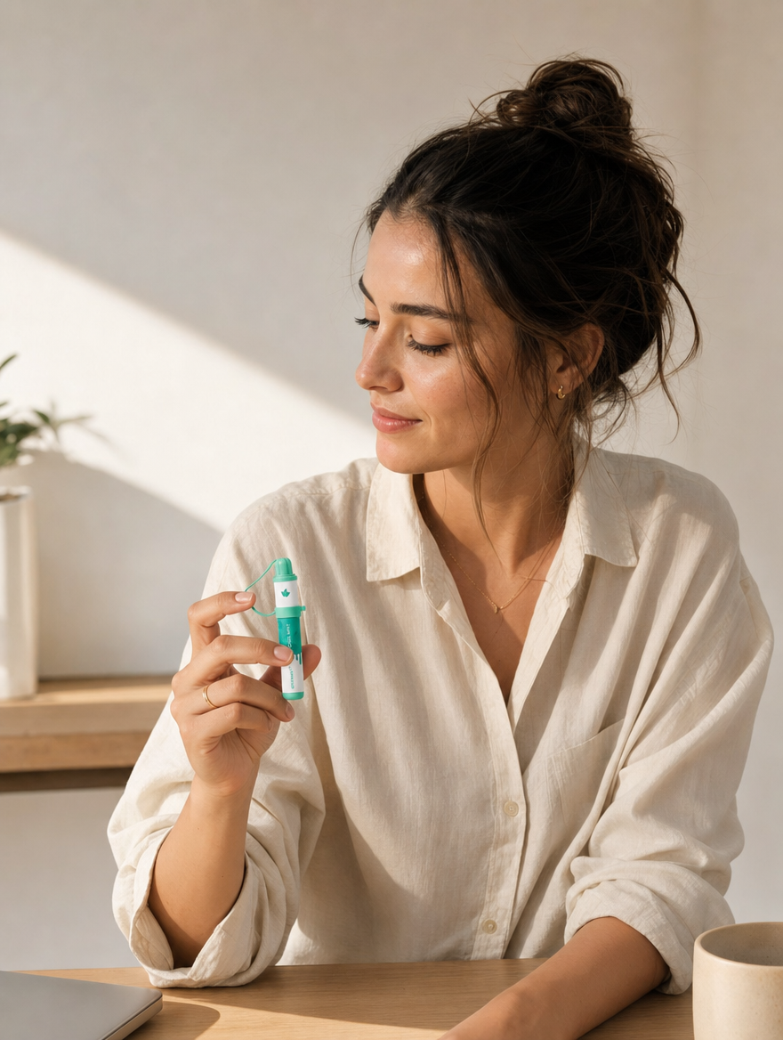 Woman holding a ROOLA aroma stick at her desk