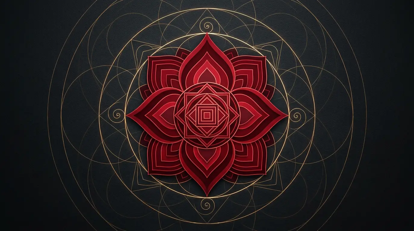 Wurzelchakra Muladhara Symbol – rotes geometrisches Mandala mit vierblättrigem Lotus und Quadrat-Yantra