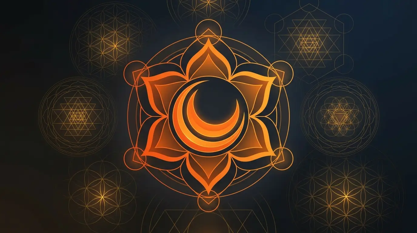 Sakralchakra Svadhisthana Symbol – oranges geometrisches Mandala mit sechsblättrigem Lotus und Mondsichel