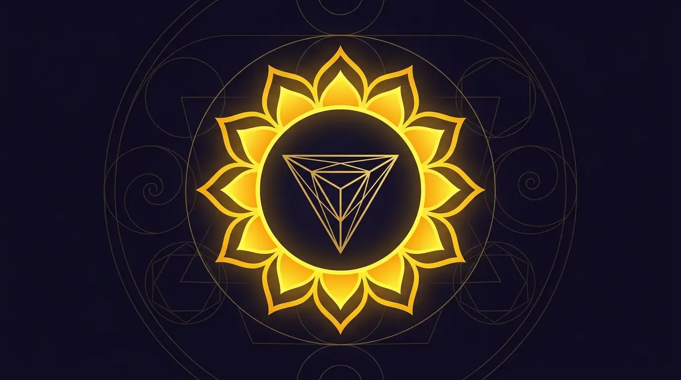 Solarplexus Chakra Manipura Symbol – gelbes geometrisches Mandala mit zehnblättrigem Lotus und Dreieck