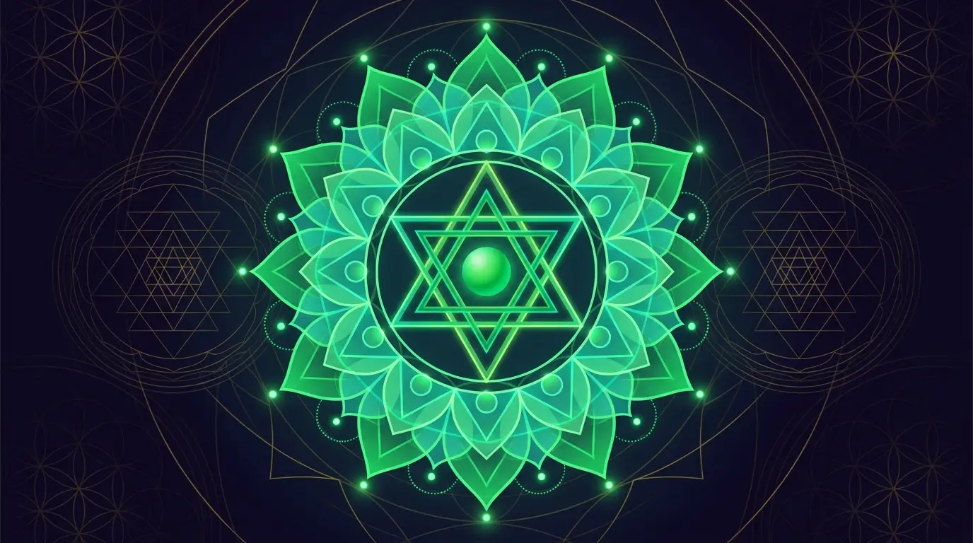 Herzchakra Anahata Symbol – grünes geometrisches Mandala mit zwölfblättrigem Lotus und Hexagramm