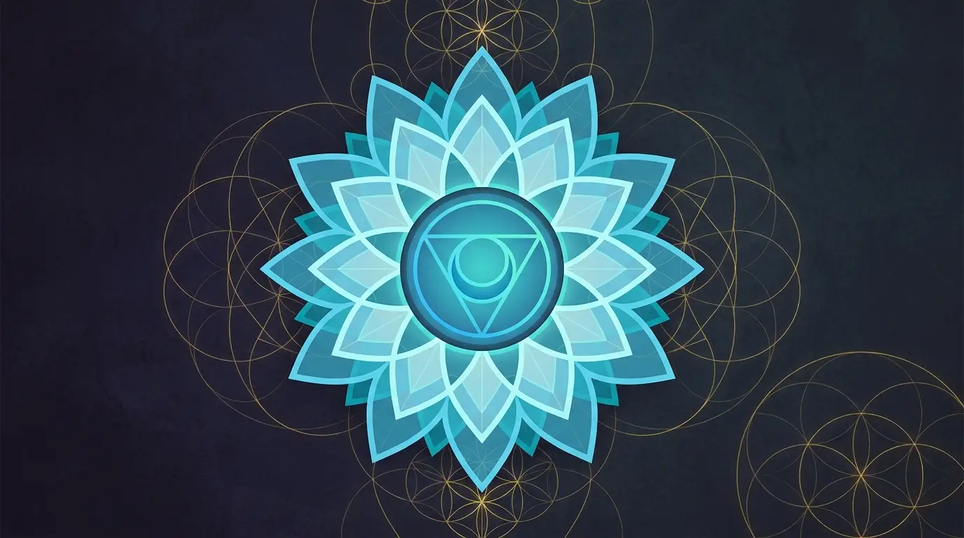 Halschakra Vishuddha Symbol – türkisfarbenes geometrisches Mandala mit sechzehnblättrigem Lotus