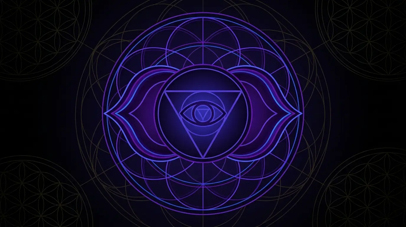 Drittes Auge Stirnchakra Ajna Symbol – indigofarbenes geometrisches Mandala mit zweiblättrigem Lotus