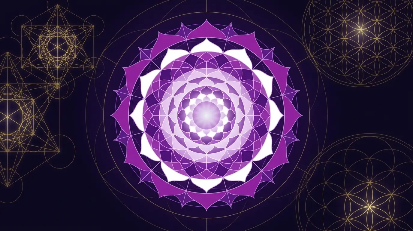 Kronenchakra Sahasrara Symbol – violettes geometrisches Mandala mit tausendblättrigem Lotus