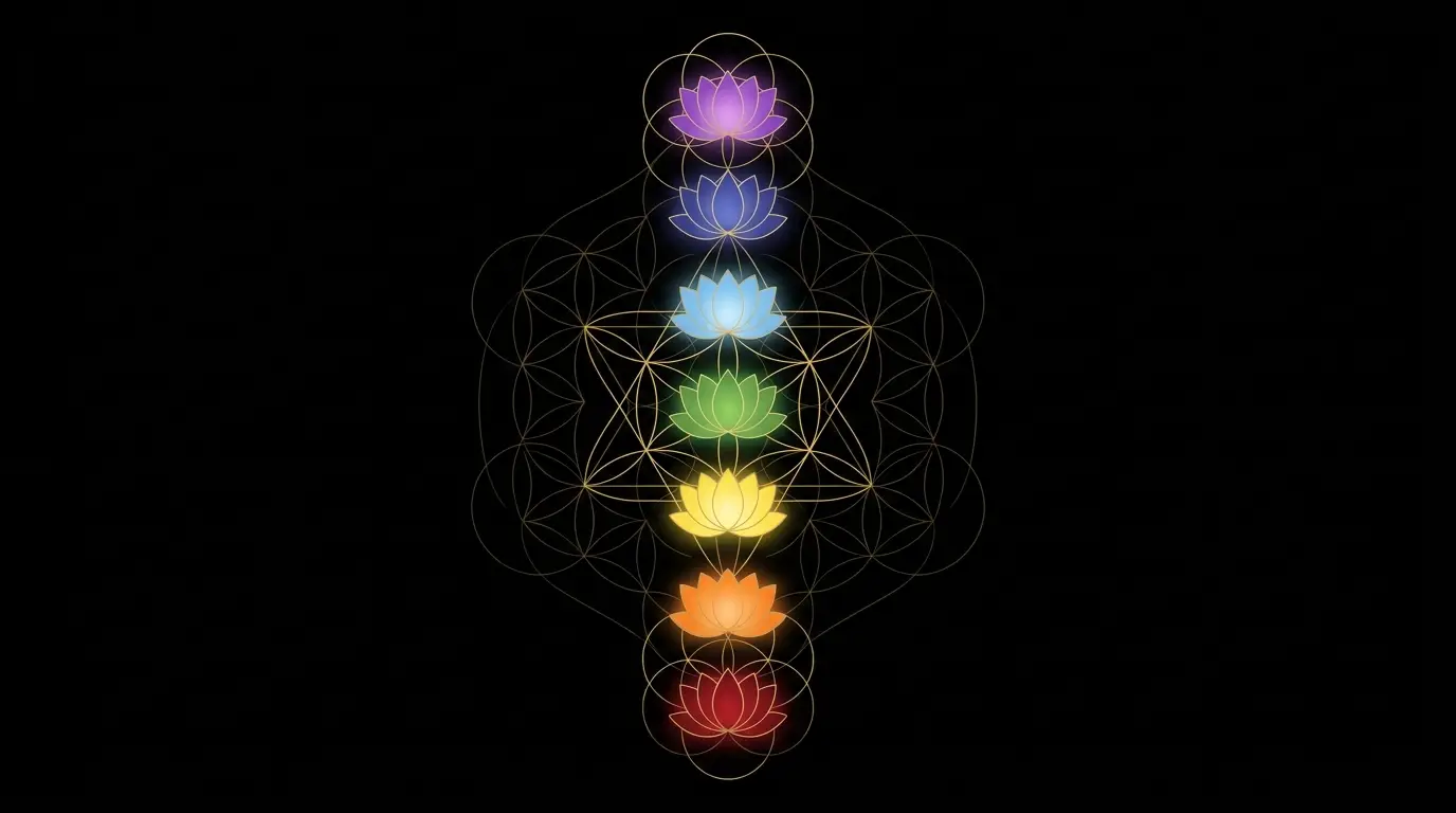 Die 7 Chakren – sieben leuchtende Lotus-Symbole in Regenbogenfarben, vertikal angeordnet mit goldener Sacred Geometry