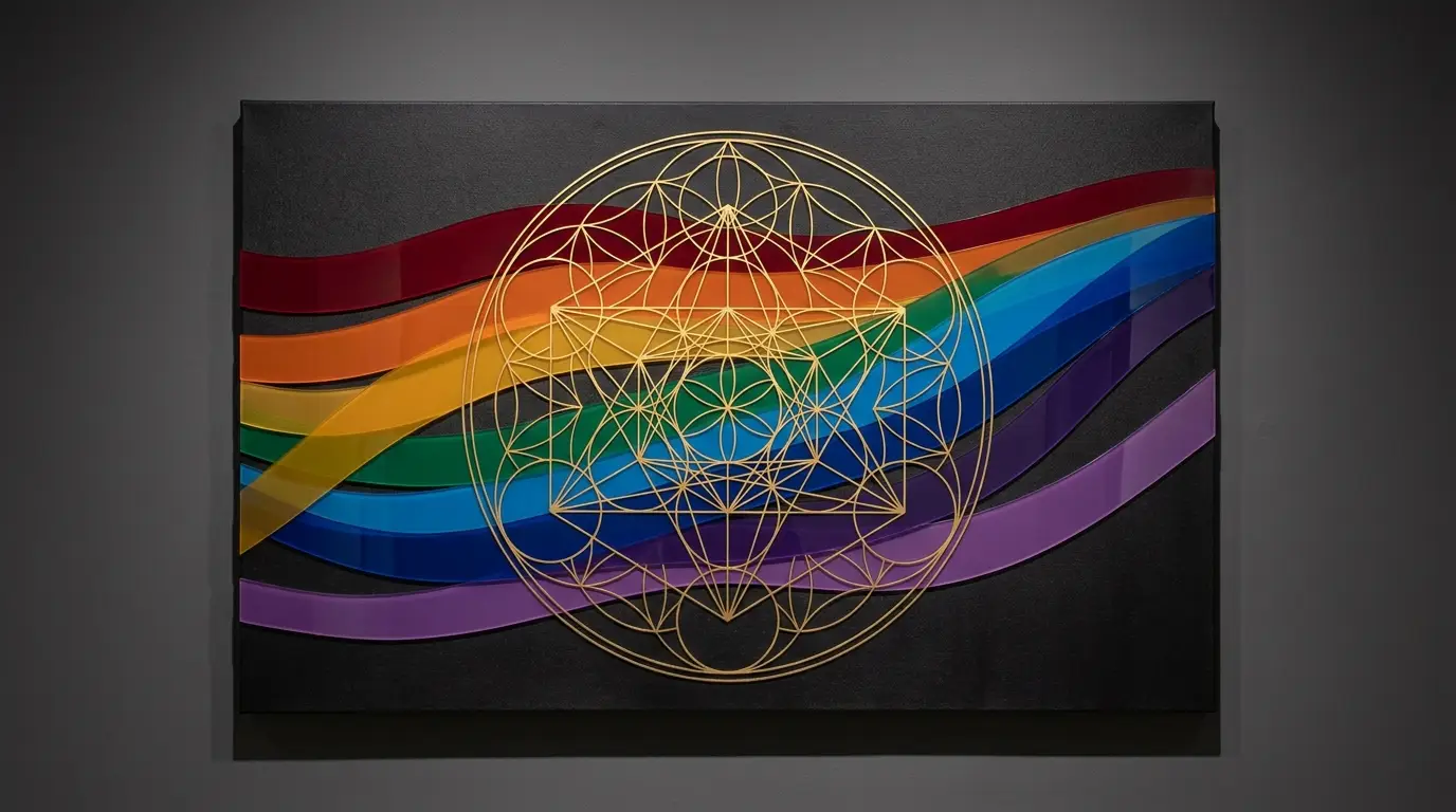 Die 7 Chakra-Farben als fließendes Regenbogen-Spektrum mit Sacred-Geometry-Overlay
