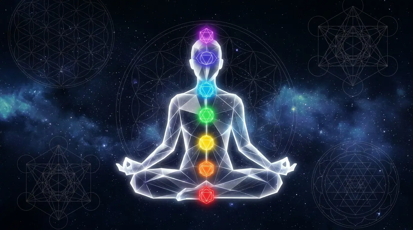 Chakra-Meditation – leuchtende Silhouette im Lotussitz mit sieben farbigen Chakra-Punkten entlang der Wirbelsäule