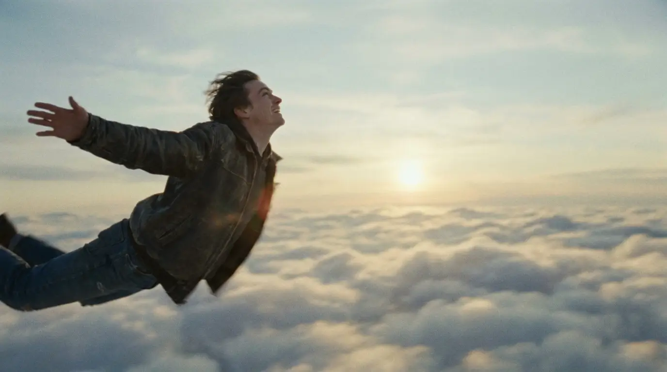 Traumdeutung Fliegen – Person schwebt frei durch goldene Wolken