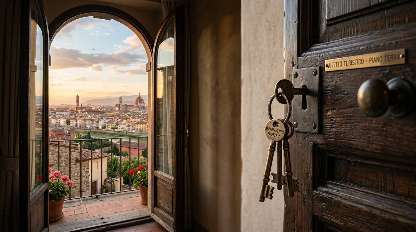 Chiavi di appartamento italiano con paesaggio urbano sullo sfondo