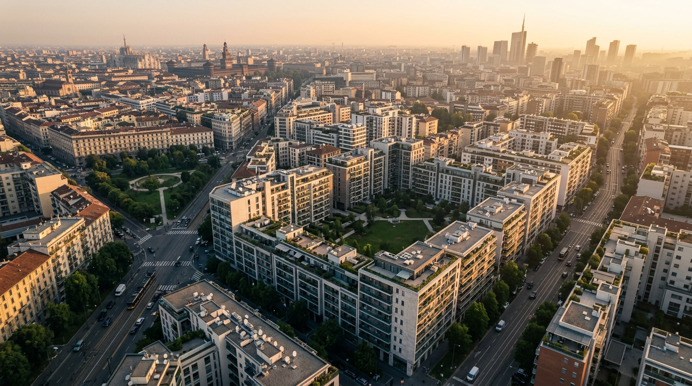 Veduta aerea di quartiere residenziale italiano al tramonto