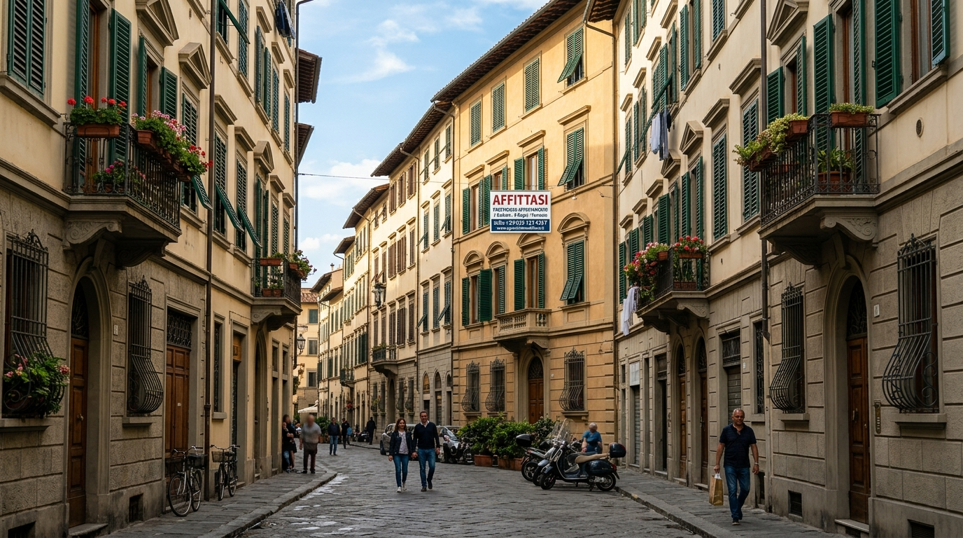 Palazzi residenziali storici in una via italiana con cartello affittasi